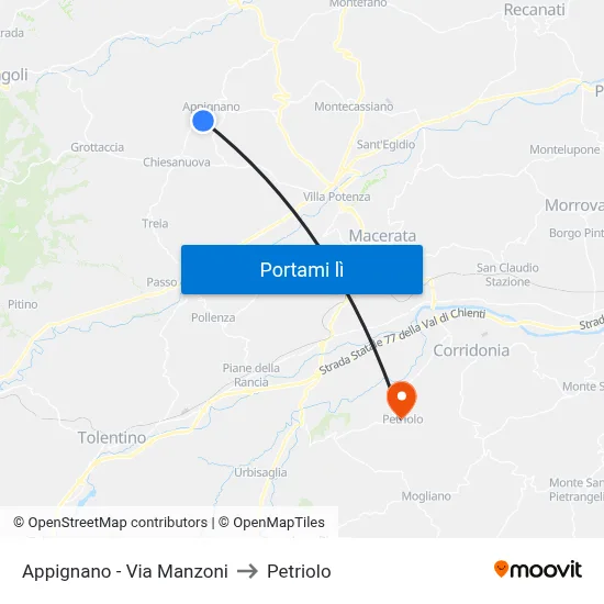 Appignano - Via Manzoni to Petriolo map
