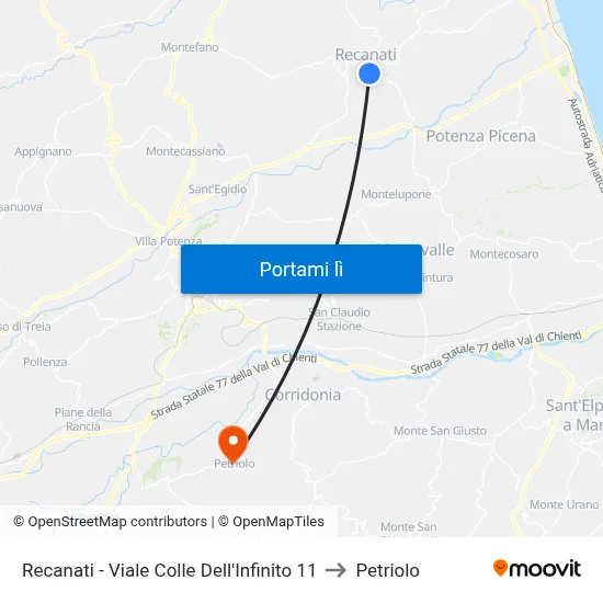 Recanati - Viale Colle Dell'Infinito 11 to Petriolo map