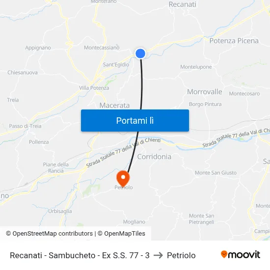 Recanati - Sambucheto - Ex S.S. 77 - 3 to Petriolo map