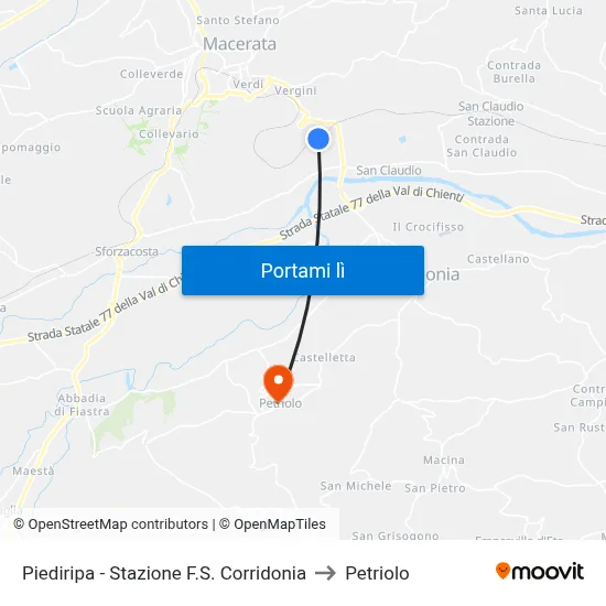 Piediripa - Stazione F.S. Corridonia to Petriolo map