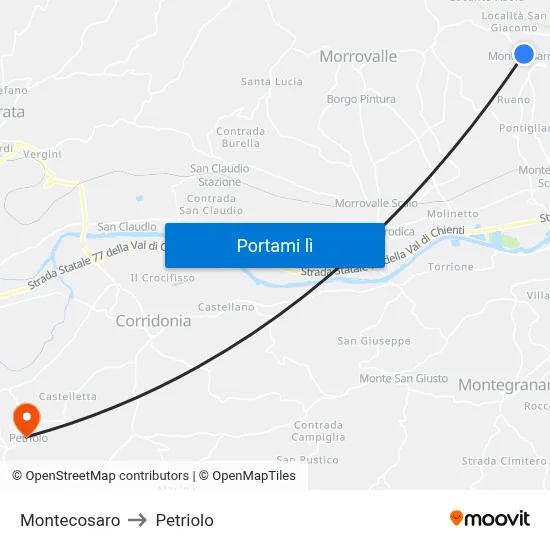 Montecosaro to Petriolo map
