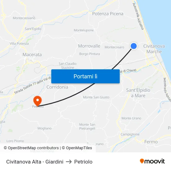 Civitanova Alta - Giardini to Petriolo map