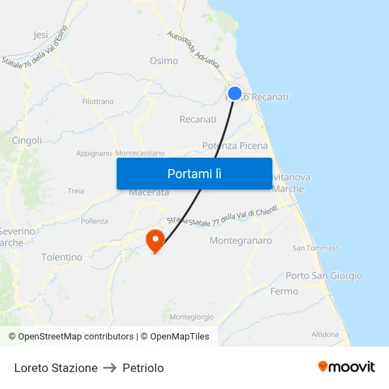 Loreto Stazione to Petriolo map