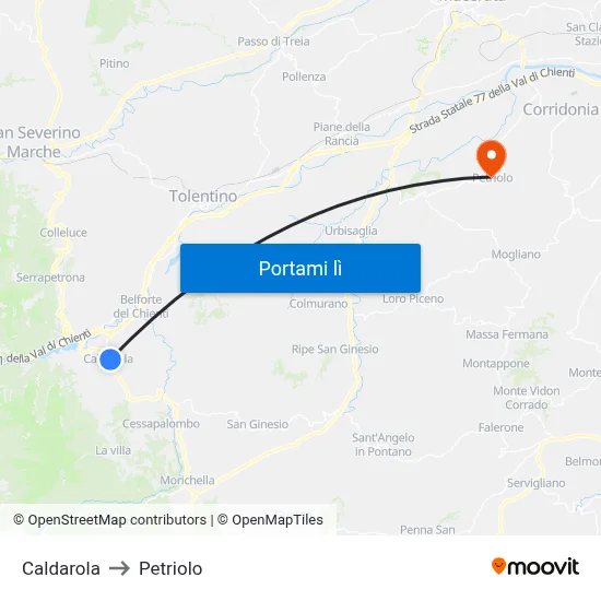 Caldarola to Petriolo map