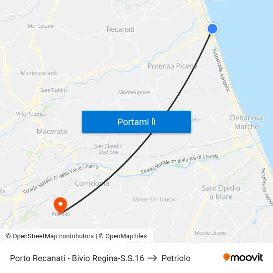 Porto Recanati - Bivio Regina-S.S.16 to Petriolo map
