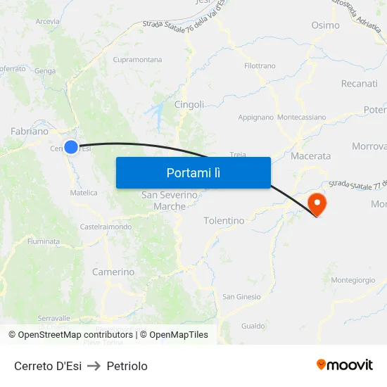 Cerreto D'Esi to Petriolo map