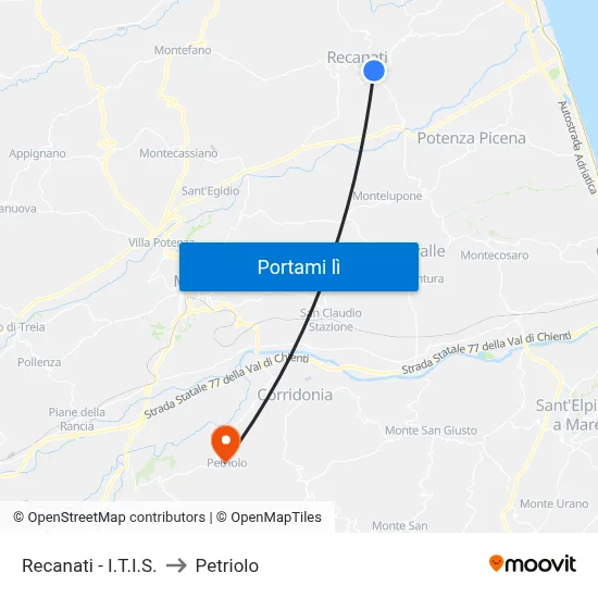 Recanati - I.T.I.S. to Petriolo map