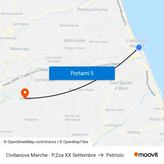 Civitanova Marche - P.Zza XX Settembre to Petriolo map