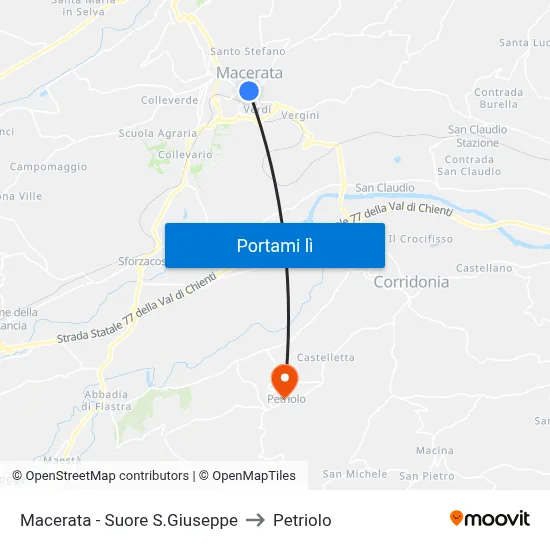 Macerata - Suore S.Giuseppe to Petriolo map