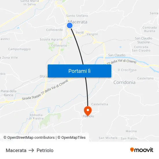 Macerata to Petriolo map