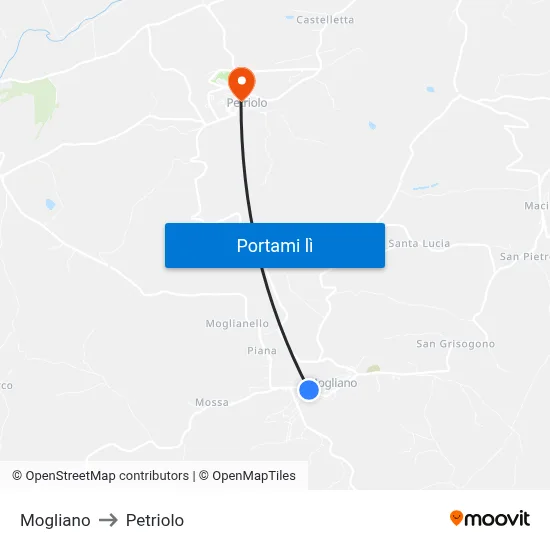 Mogliano to Petriolo map