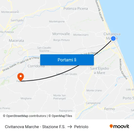 Civitanova Marche - Stazione F.S. to Petriolo map