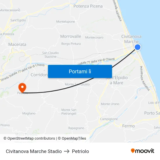 Civitanova Marche Stadio to Petriolo map