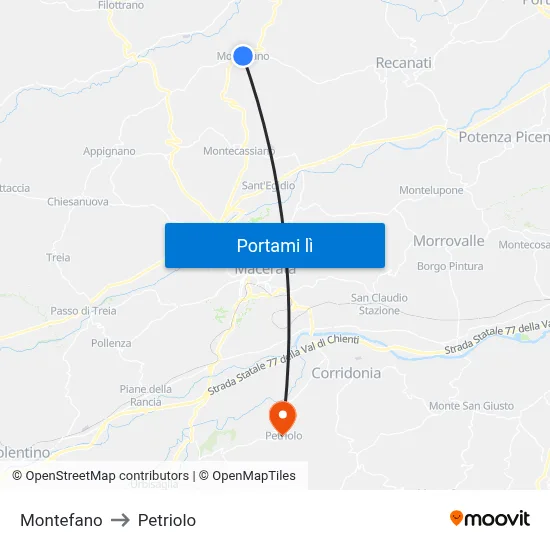 Montefano to Petriolo map