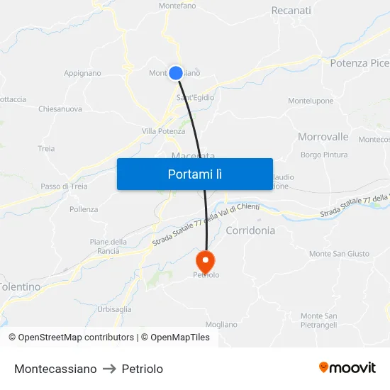 Montecassiano to Petriolo map