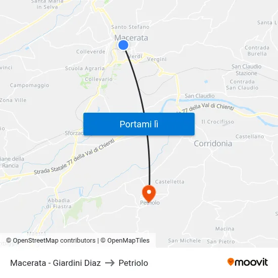 Macerata - Giardini Diaz to Petriolo map
