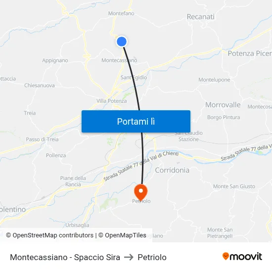 Montecassiano - Spaccio Sira to Petriolo map