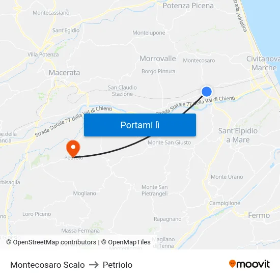 Montecosaro Scalo to Petriolo map
