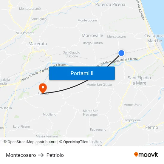 Montecosaro to Petriolo map