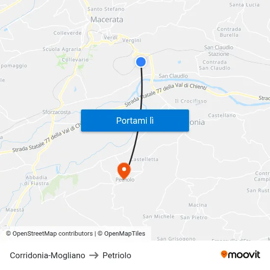 Corridonia-Mogliano to Petriolo map