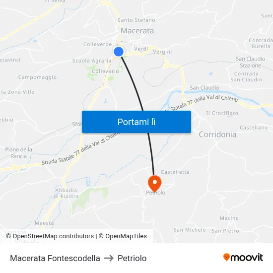 Macerata Fontescodella to Petriolo map