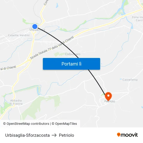 Urbisaglia-Sforzacosta to Petriolo map