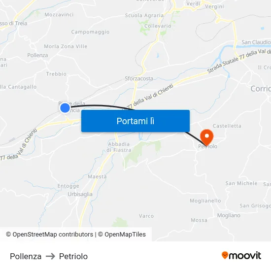 Pollenza to Petriolo map