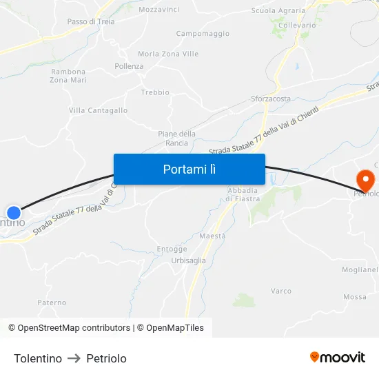 Tolentino to Petriolo map