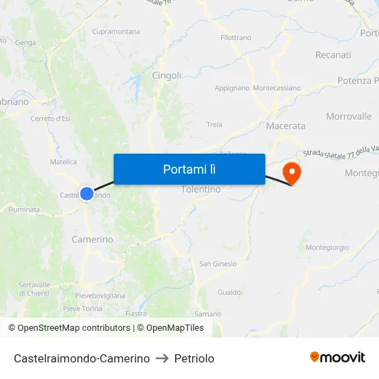 Castelraimondo-Camerino to Petriolo map