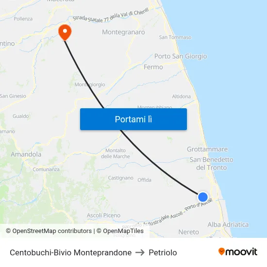 Centobuchi-Bivio Monteprandone to Petriolo map