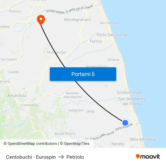 Centobuchi - Eurospin to Petriolo map