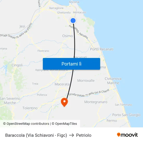 Baraccola (Via Schiavoni - Figc) to Petriolo map