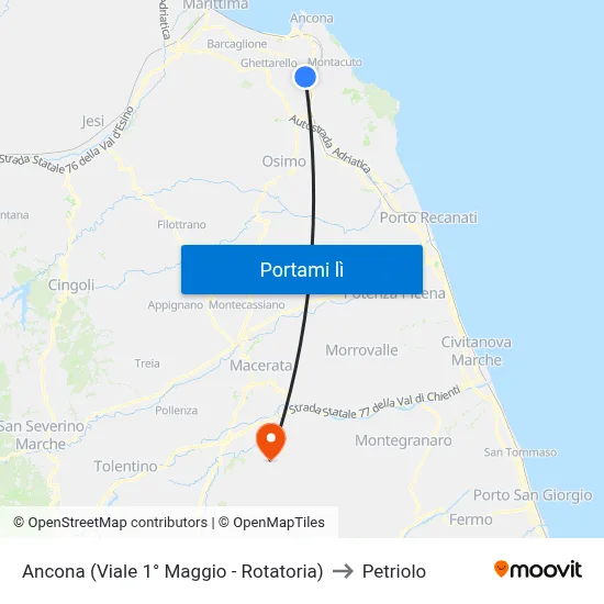 Ancona (Viale 1° Maggio - Rotatoria) to Petriolo map