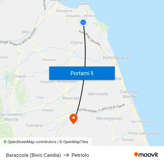 Baraccola (Bivio Candia) to Petriolo map