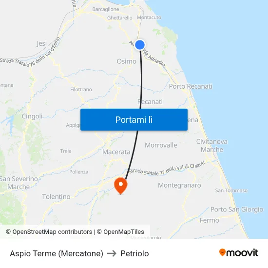 Aspio Terme (Mercatone) to Petriolo map