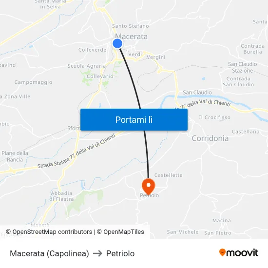 Macerata (Capolinea) to Petriolo map