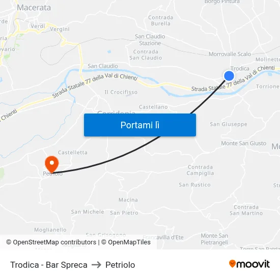 Trodica - Bar Spreca to Petriolo map