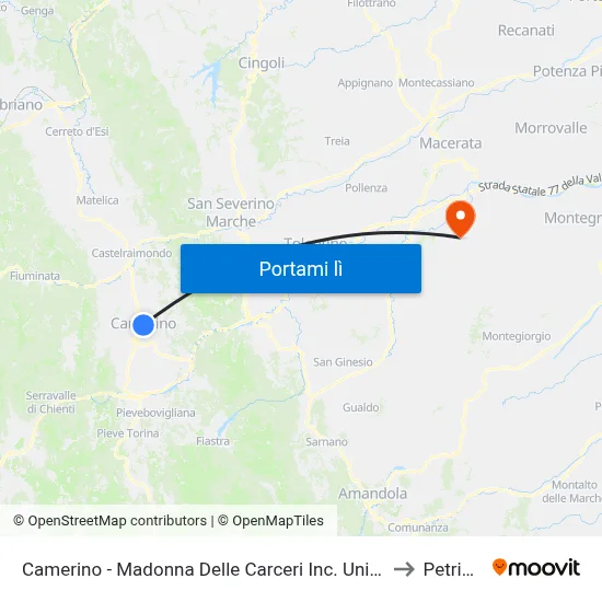 Camerino - Madonna Delle Carceri Inc. Unicam to Petriolo map