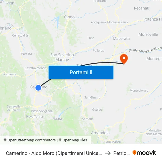 Camerino - Aldo Moro (Dipartimenti Unicam) to Petriolo map