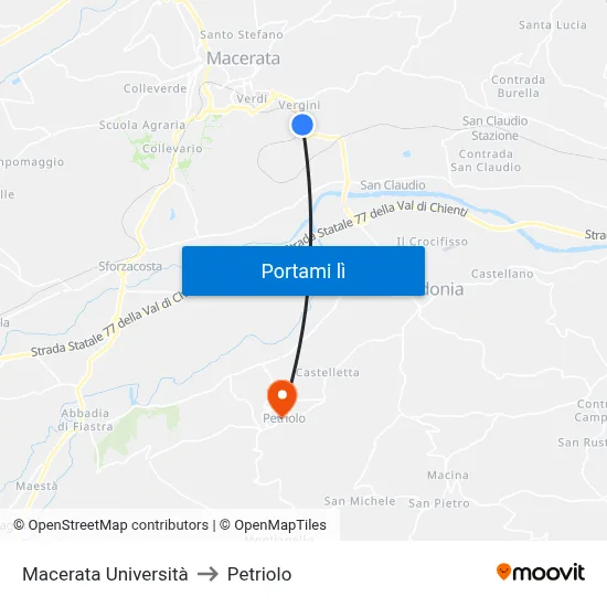 Macerata Università to Petriolo map