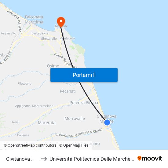 Civitanova Marche Stazione to Università Politecnica Delle Marche - Facoltà Di Economia ""Giorgio Fuà"" map