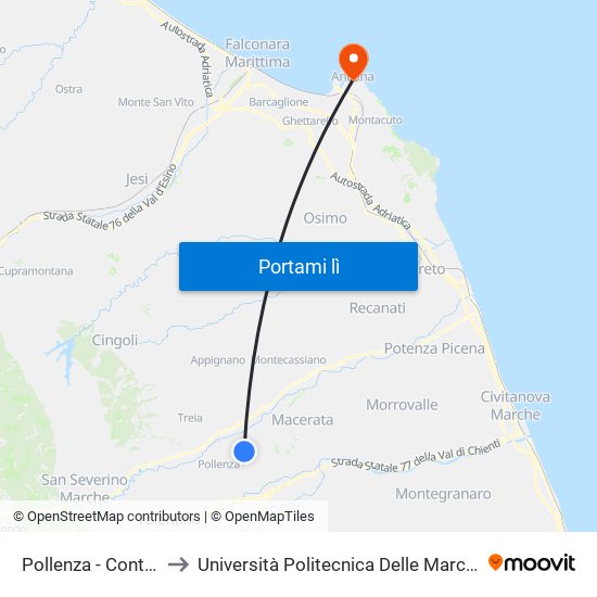 Pollenza - Contrada Campomaggio to Università Politecnica Delle Marche - Facoltà Di Economia ""Giorgio Fuà"" map