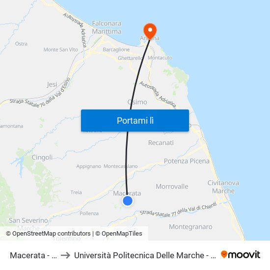 Macerata - Stazione F.S. to Università Politecnica Delle Marche - Facoltà Di Economia ""Giorgio Fuà"" map