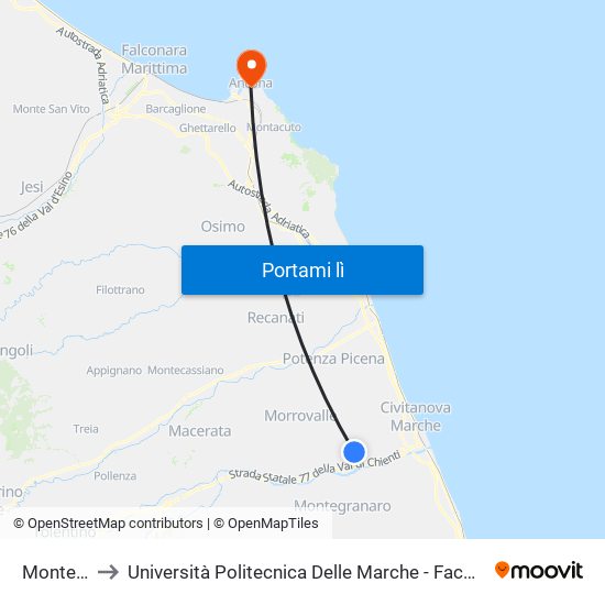 Montecosaro to Università Politecnica Delle Marche - Facoltà Di Economia ""Giorgio Fuà"" map