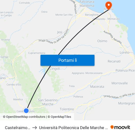 Castelraimondo-Camerino to Università Politecnica Delle Marche - Facoltà Di Economia ""Giorgio Fuà"" map