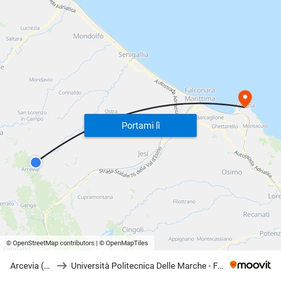 Arcevia (Boschetto) to Università Politecnica Delle Marche - Facoltà Di Economia ""Giorgio Fuà"" map