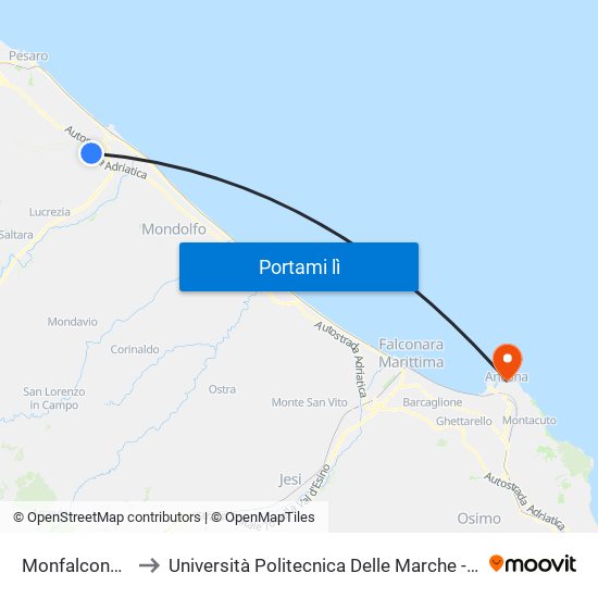 Monfalcone 2 (Sabotino) to Università Politecnica Delle Marche - Facoltà Di Economia ""Giorgio Fuà"" map