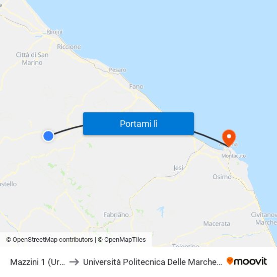 Mazzini 1 (Urbania-Cimitero) to Università Politecnica Delle Marche - Facoltà Di Economia ""Giorgio Fuà"" map