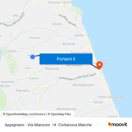 Appignano - Via Manzoni to Civitanova Marche map