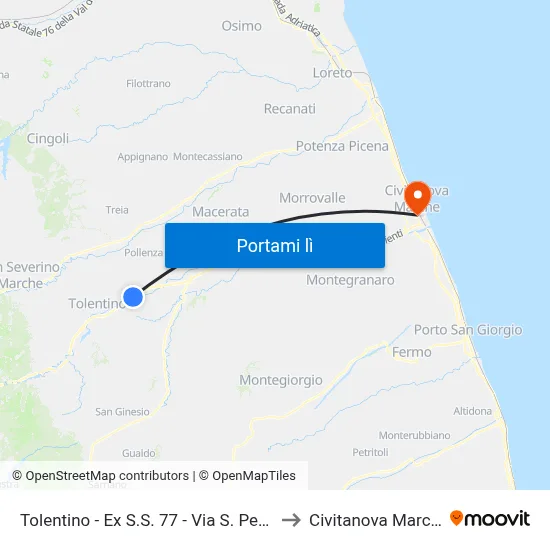 Tolentino - Ex S.S. 77 - Via S. Pertini to Civitanova Marche map